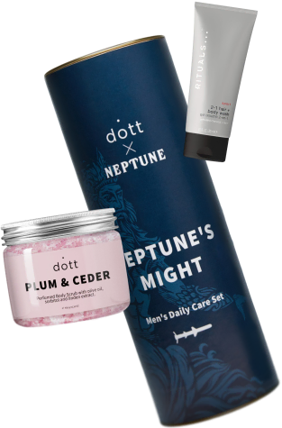 Чоловічий набір dott x Neptune у тубусі, скраб Plum & Ceder і шампунь Rituals