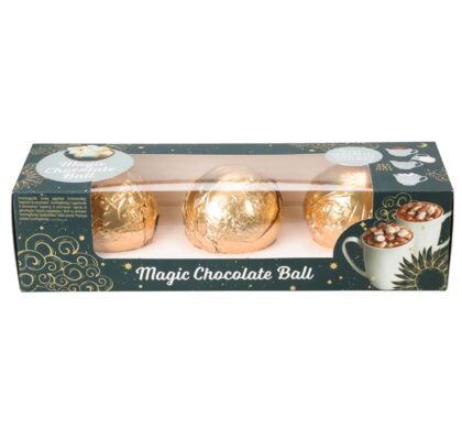 Кульки з темного шоколаду з маршмелоу Magic Chocolate Ball: три кульки в золотій фользі в коробці з віконцем