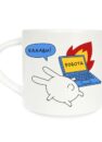 Чашка керамічна «Кааави» 450 мл: біла чашка з зайцем, що тікає від палаючого ноутбука з написом «Робота»