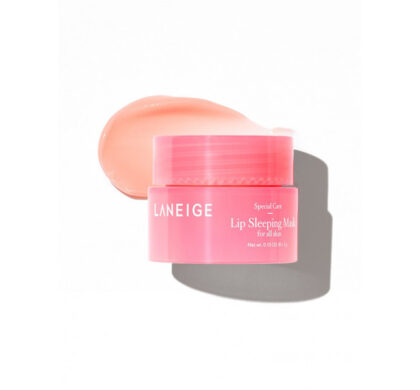 Маска для губ «Лісові ягоди» Laneige, 3 мл: мініатюрна рожева баночка Lip Sleeping Mask і мазок бальзаму