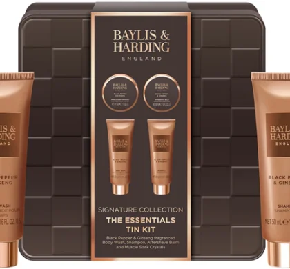 Чоловічий набір Baylis & Harding Black Pepper & Ginseng: металева коробка, два тюбики та дві баночки