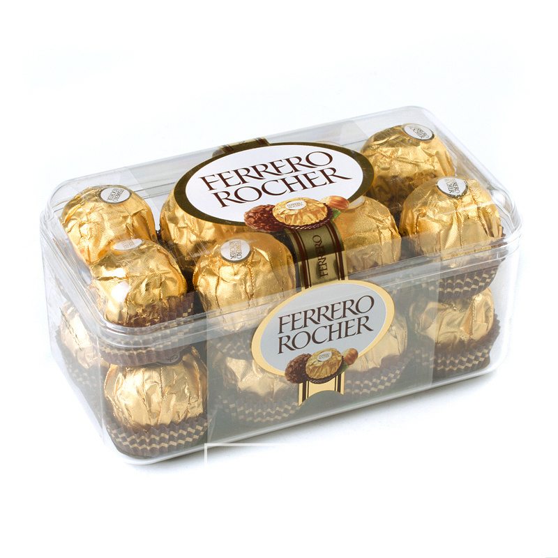 Цукерки «Ferrero Rocher» 200 г: прозора пластикова коробка з цукерками в золотій фользі