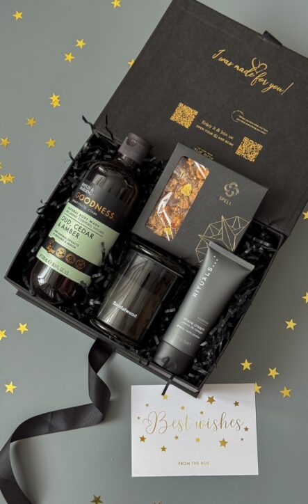 Бокс MIDNIGHT CARE: чорна коробка з гелем Goodness, свічкою, кремом Rituals і шоколадом Spell серед зірок