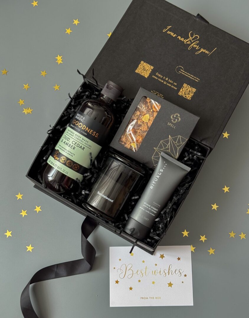 Бокс MIDNIGHT CARE: чорна коробка з гелем Goodness, свічкою, кремом Rituals і шоколадом Spell серед зірок