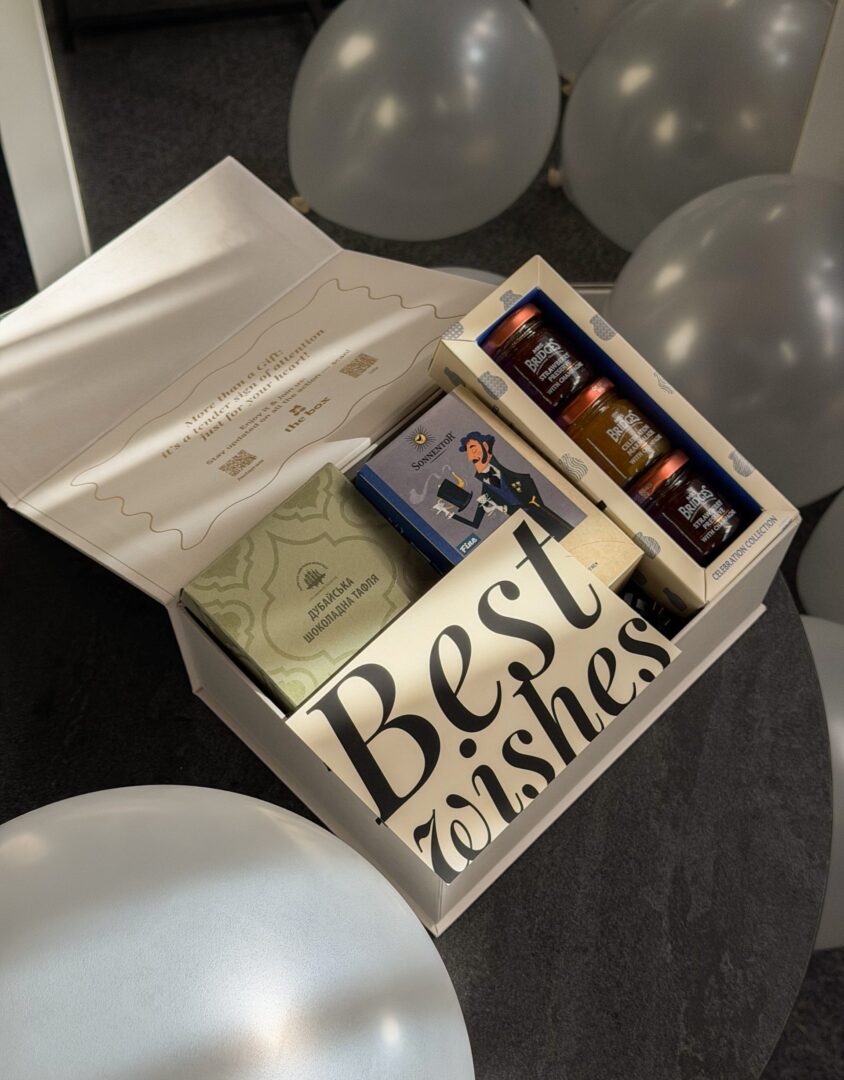 Бокс DUBAI CHARM: біла коробка з листівкою Best wishes, чаєм Sonnentor Earl Grey і трьома баночками серед кульок