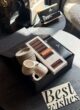 Бокс RISTRETTO TIME: чорна коробка зі свічкою Harmony, двома чашками в крапку, шоколадом Spell і листівкою Best wishes