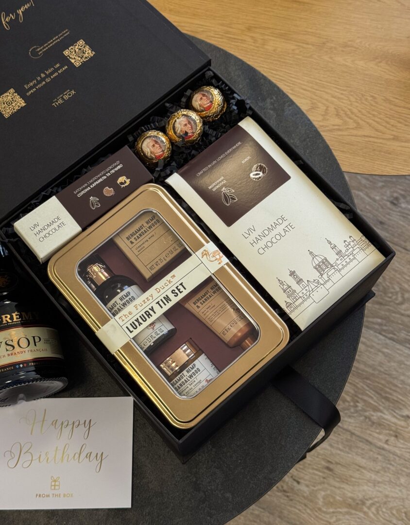 Бокс MAN’S LUXURY: чорна коробка з набором Luxury Tin Set, шоколадом, коньяком і листівкою Happy Birthday