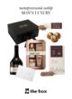 Подарунковий набір MAN’S LUXURY: коробка The Box, St-Remy VSOP, Luxury Tin Set, шоколад і цукерки на білому тлі