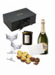 Бокс LIGHT UP: чорна коробка The Box, Martini Asti, два келихи, свічка, Ferrero Rocher і листівка на білому тлі