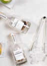 Набір для ароматизації алкоголю Snippers 350 ml: пляшки GIN і WHISKY з дубовою трісою біля склянок і щипців