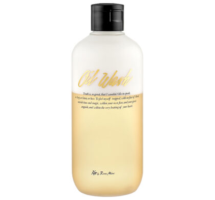 Гель для душу Kiss by Rosemine Oil Wash Glamour Fantasy 300 мл: пляшка з золотистим гелем і чорною кришкою