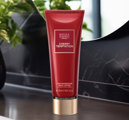 Лосьйон для тіла Baylis & Harding The Edit Cherry Temptation: червона туба на мармуровій полиці у ванній