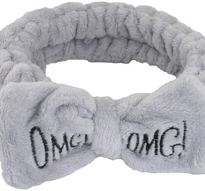 Косметична пов'язка OMG (сіра): плюшева пов'язка на голову з бантом і вишитим написом OMG!